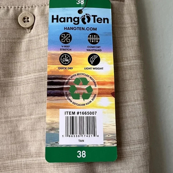 Hang Ten Mens Tan 4-Way Stretch Quick Dry Lightweight‎ Shorts Size 38 - Picture 3 of 3